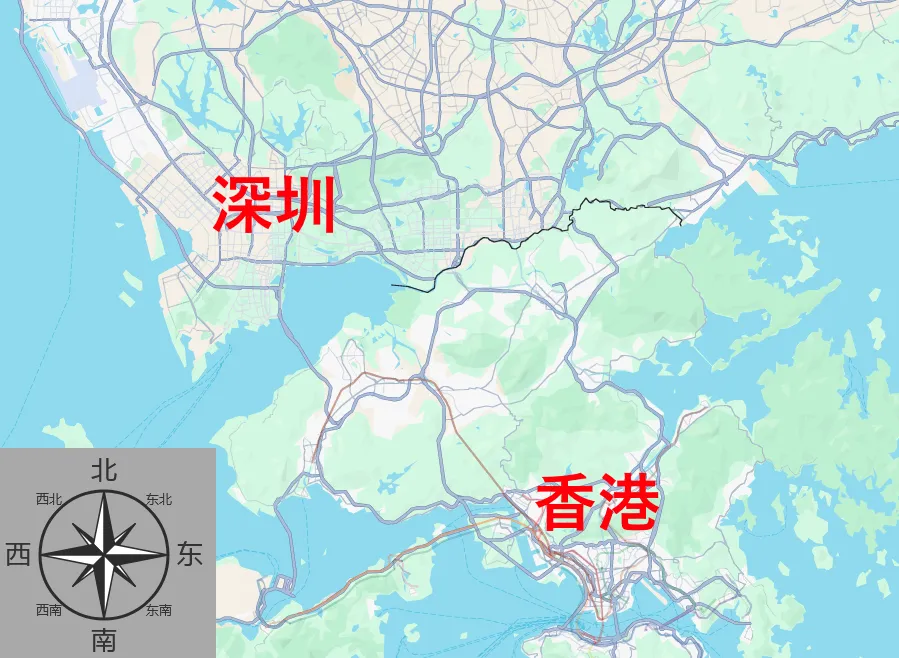 Screenshot of a map showing Shenzhen and Hongkong